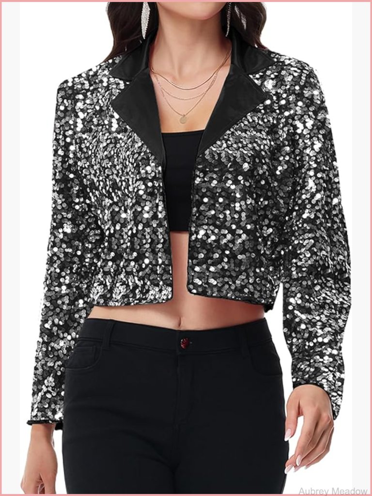 Women's Sparkly Sequin Crop Blazer Jacket Long Sleeve Party Club Cardigan